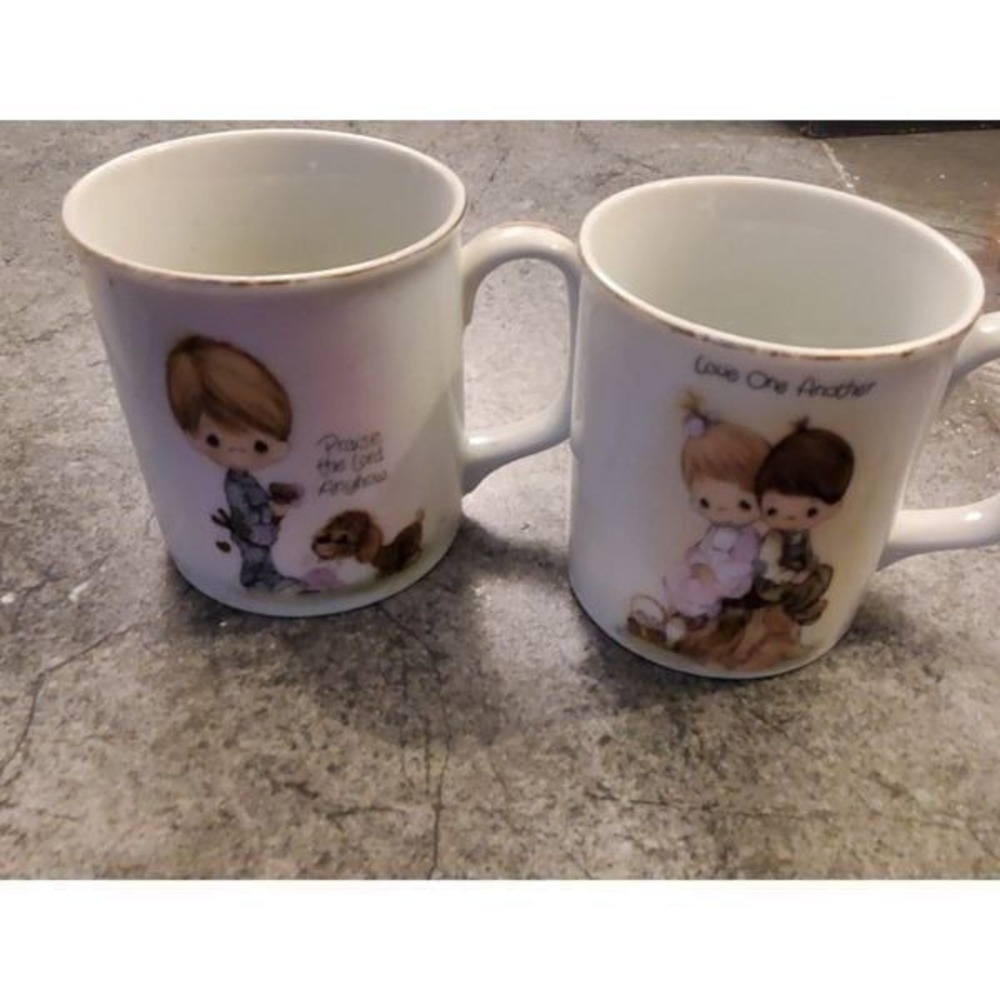Precious Moments‎ Coffee Mugs Unisex OS White Good Vintage Gold Rim Set of 2